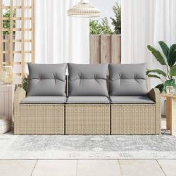 Canapé de jardin 3 pièces avec coussins en poly rotin beige.
