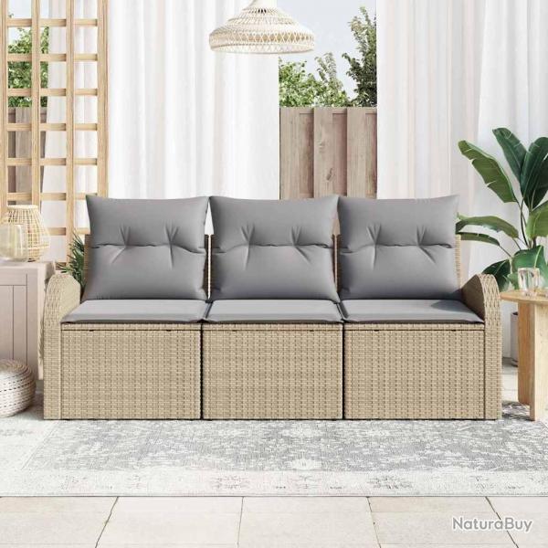 Canap de jardin 3 pices avec coussins en poly rotin beige.