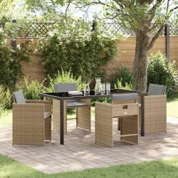 Set de salle à manger de jardin 5 pièces avec coussins en poly rotin beige.