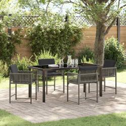 Ensemble de salle à manger de jardin 5 pièces avec des coussins en rattan synthétique gris.