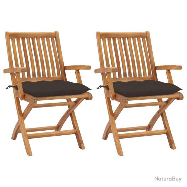 Chaises de jardin lot de 2 et coussins taupe Bois teck massif