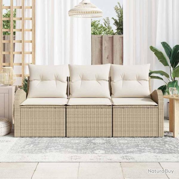 Set de canap de jardin 3 pices avec des coussins beige en poly rotin