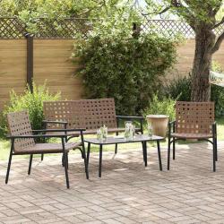 Ensemble de café d'extérieur de 4 pièces en rattan brun avec structure en acier