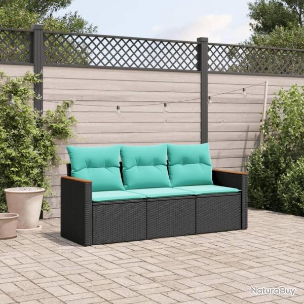 Salon de jardin 3 pcs avec coussins noir rsine tresse