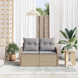 canapé de jardin 2 places avec rangement et coussins beige en poly rotin