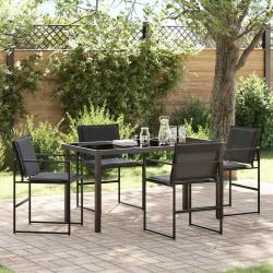 Set de salle à manger de jardin 5 pièces avec coussins en textilène noir et acier.