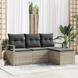 Canapé de jardin 4 pièces avec coussins gris clair en polyrotin