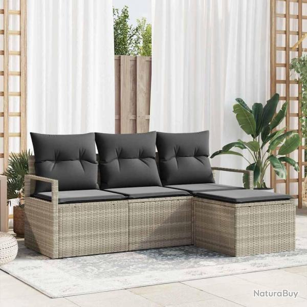 Canap de jardin 4 pices avec coussins gris clair en polyrotin