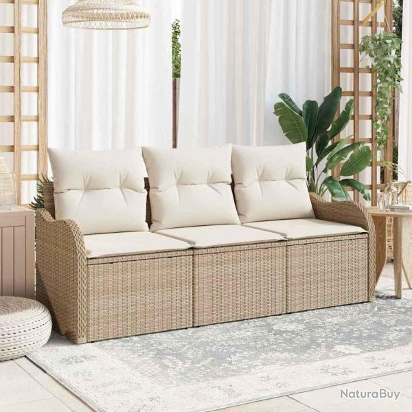 Ensemble de Canap de Jardin 3 Pices avec Coussins Beige Rattan Poly