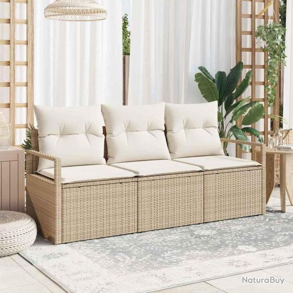 Canap de jardin 3 pices avec coussins beige en rattan synthtique