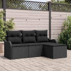 Canapé de jardin 4 places avec coussins en poly rotin noir
