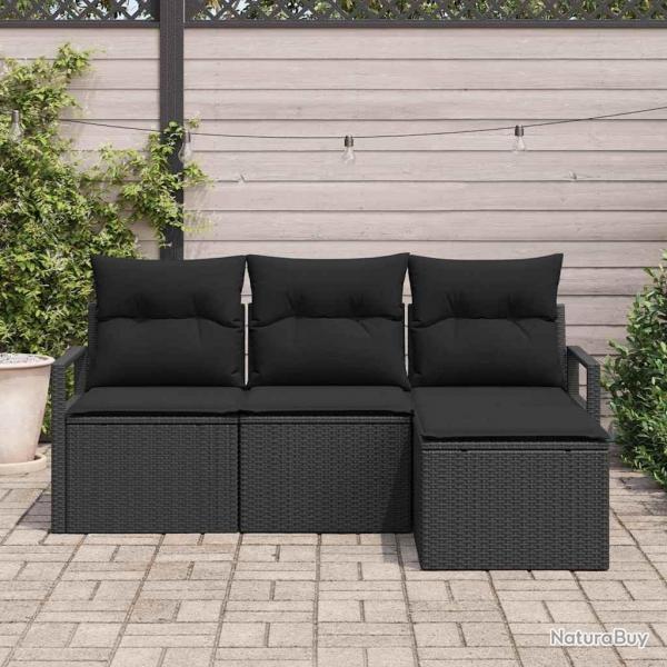 Ensemble de canap de jardin 4 pices avec coussins en poly rattan noir