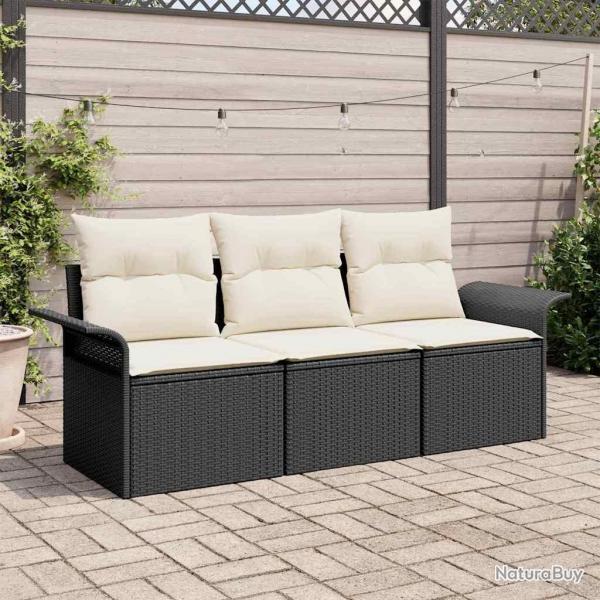 Ensemble de canaps de jardin 3 pices avec coussins - Poly-rattan noir.