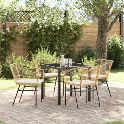 Ensemble de salle à manger de jardin de 5 pièces avec des coussins en rotin synthétique marron.