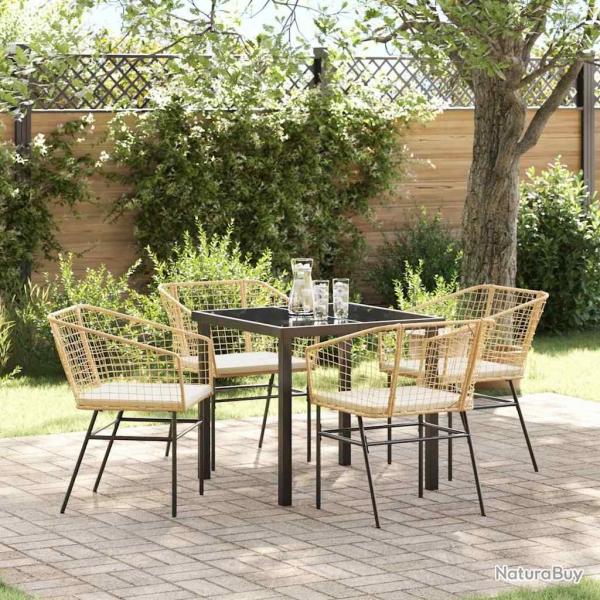 Ensemble de salle  manger de jardin de 5 pices avec des coussins en rotin synthtique marron.