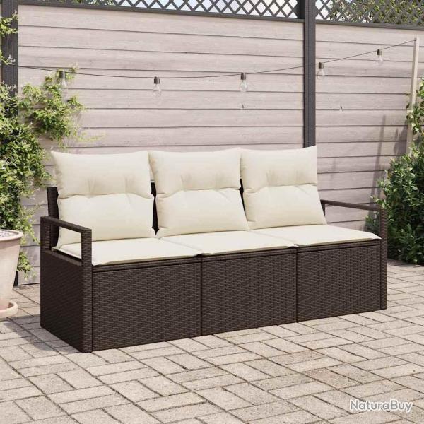 Set de canap de jardin 3 pices avec coussins en poly rotin marron