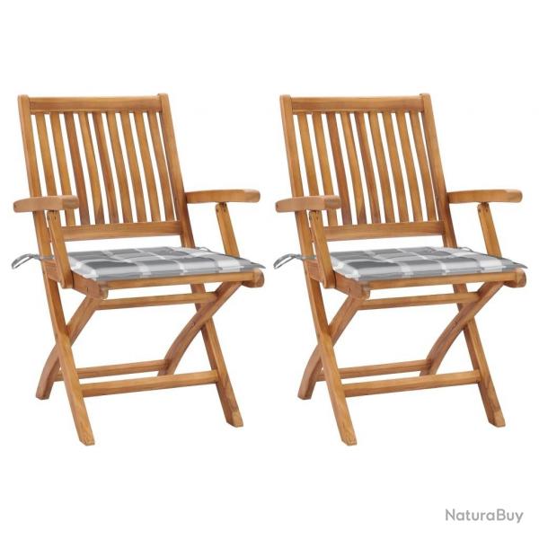 Chaises de jardin lot de 2 avec coussins  carreaux gris Teck