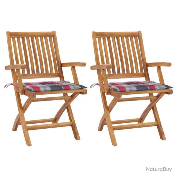 Chaises de jardin lot de 2 avec coussins  carreaux rouge Teck