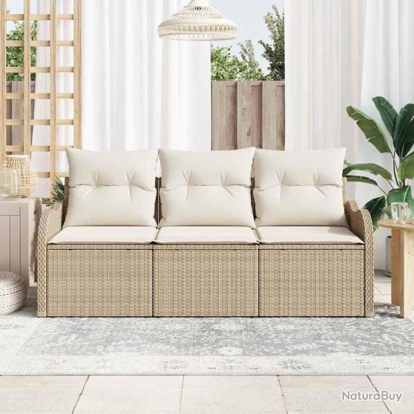 Ensemble de canap de jardin 3 pices avec coussins beige en poly rotin.