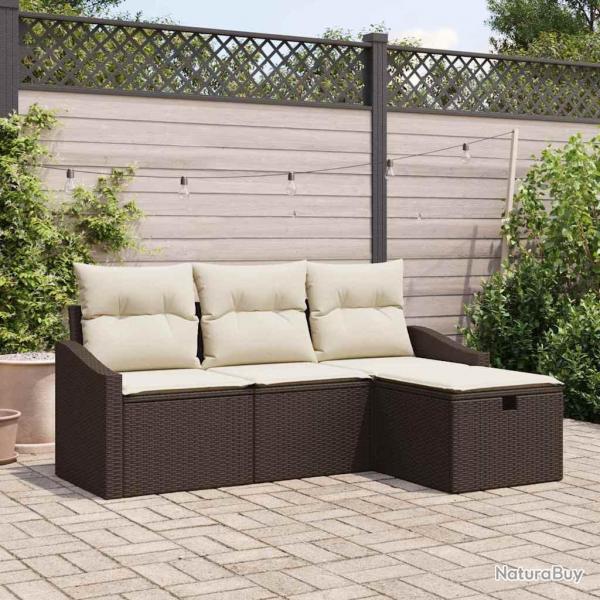 Ensemble de canaps de jardin , 4 pices, avec coussins marron en rotin synthtique.