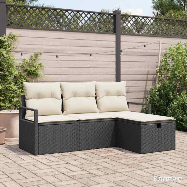 Ensemble de canaps de jardin 4 pices avec coussins noirs en poly rotin