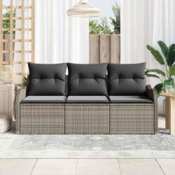 Ensemble de sofa de jardin 3 pièces avec coussins gris en poly rattan.