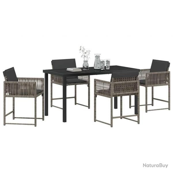 Ensemble de jardin 5 pices avec coussins en poly rattan gris.