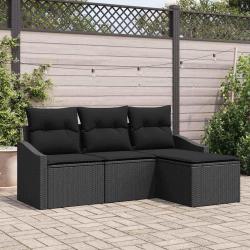 Ensemble de canapé de jardin 4 pièces avec coussins Noir Rattan Poly