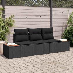 Ensemble de Canapé de Jardin 3 Pièces avec Coussins Noirs en Poly Rattan et Acacia