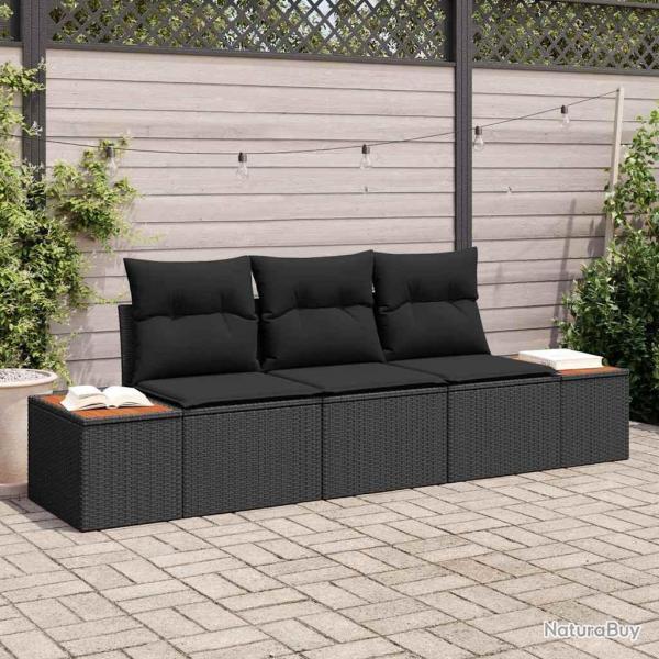 Ensemble de Canap de Jardin 3 Pices avec Coussins Noirs en Poly Rattan et Acacia