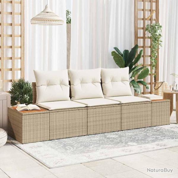 Ensemble de Canap de Jardin de 3 Pices avec Coussins Beige Rattan Poly Acacia