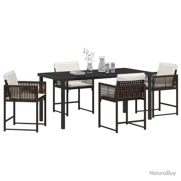 Ensemble de salle  manger de jardin , 5 pices, avec coussins, en poly rattan marron