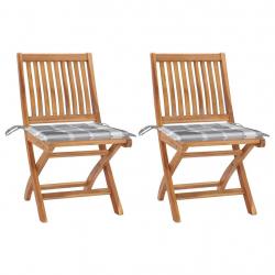 Chaises de jardin lot de 2 avec coussins à carreaux gris Teck