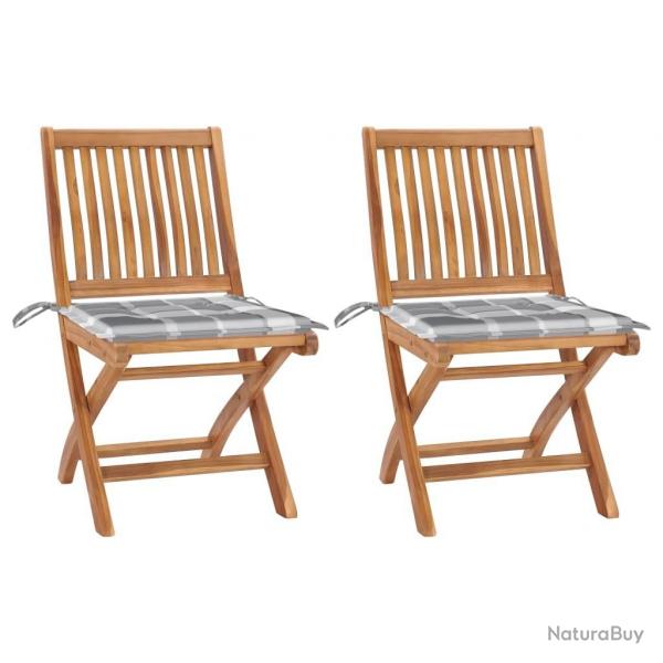 Chaises de jardin lot de 2 avec coussins  carreaux gris Teck
