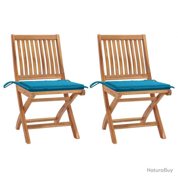 Chaises de jardin lot de 2 et coussins bleu Bois de teck massif