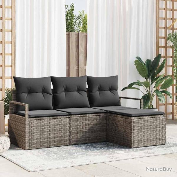 Ensemble de canaps de jardin 4 pices avec des coussins gris en poly rotin.