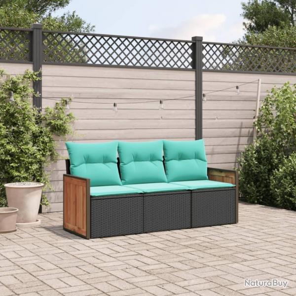 Salon de jardin 3 pcs avec coussins noir rsine tresse