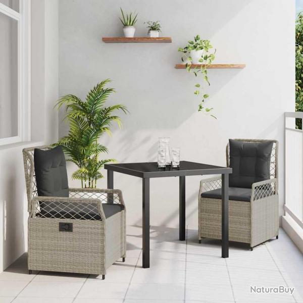 Ensemble de salle  manger de jardin 3 pices Gris clair en poly rotin.