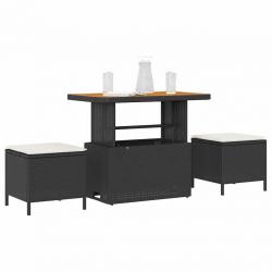 Ensemble de salle à manger de jardin de 3 pièces avec coussins en poly rotin noir et acacia