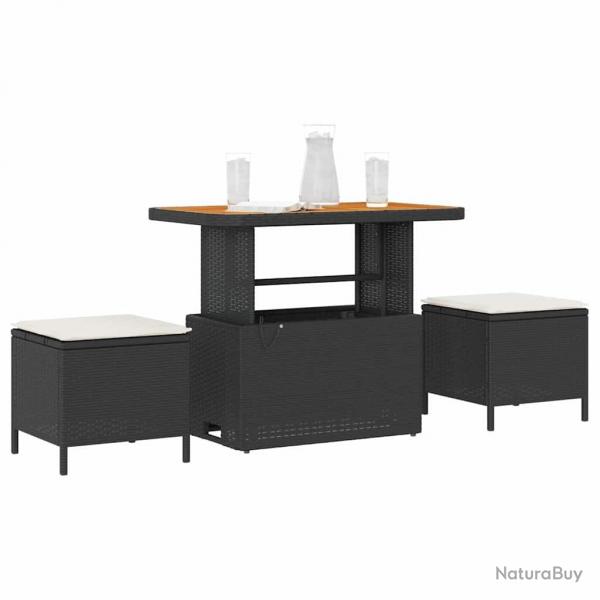 Ensemble de salle  manger de jardin de 3 pices avec coussins en poly rotin noir et acacia