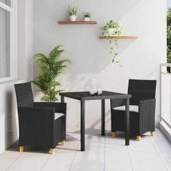 Set de jardin 3 pièces avec des coussins en poly rattan noir.