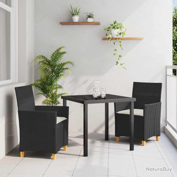 Set de jardin 3 pices avec des coussins en poly rattan noir.