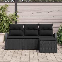 Canapés de Jardin 4 Pièces avec Coussins Noirs en Poly Rattan