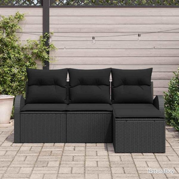 Canaps de Jardin 4 Pices avec Coussins Noirs en Poly Rattan