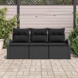 Canapé de Jardin 3 Pièces avec Coussins Noirs en Rattan Synthétique