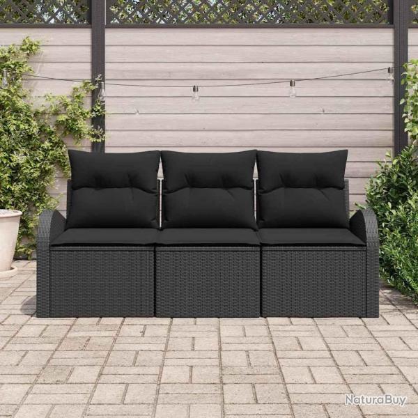 Canap de Jardin 3 Pices avec Coussins Noirs en Rattan Synthtique