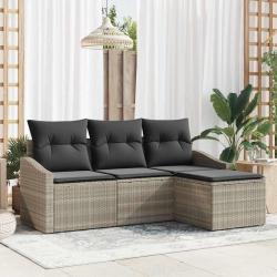 Ensemble de salon de jardin 4 pièces avec des coussins gris clair en polyrotin
