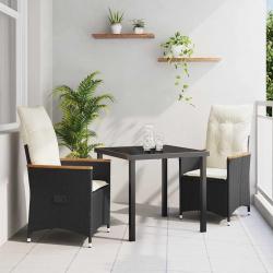 Ensemble de salle à manger de jardin 3 pièces avec coussins noirs en poly rotin.