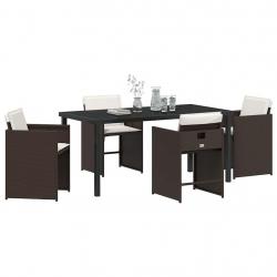 Ensemble de salle à manger de jardin 5 pièces avec coussins marron poly rattan