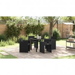 Ensemble de salle à manger de jardin de 5 pièces avec coussins Noir Poly Rattan